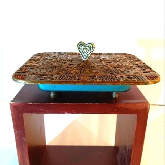 Vintage Etched Brass Hand Painted Footed Made in Israel Trinket Box - Picture 1 of 9